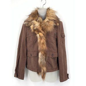 BCBG MaxAzria Jacket Medium Brown Fox Fur Detachable Collar Cotton Jacket